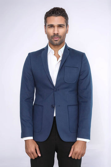 Men’s Navy Blue Plain Slim Fit Notch Lapel Blazer with Patch Pockets