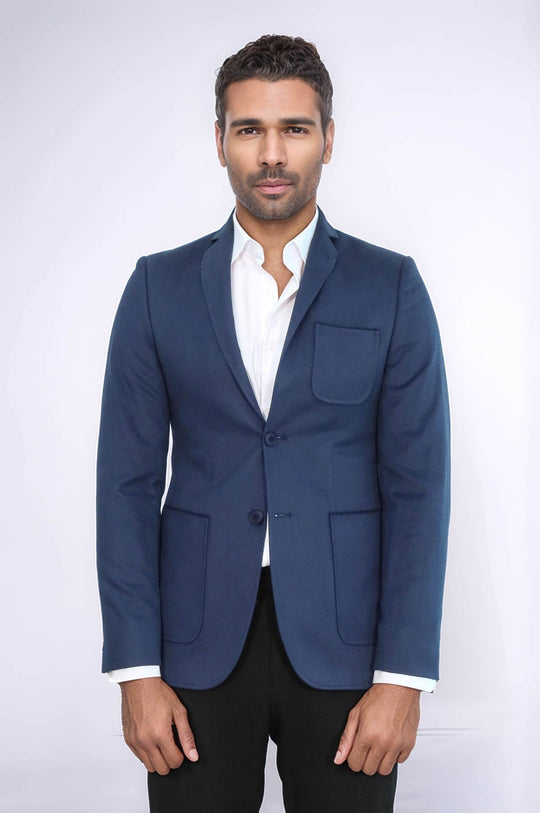 Men’s Navy Blue Plain Slim Fit Notch Lapel Blazer with Patch Pockets