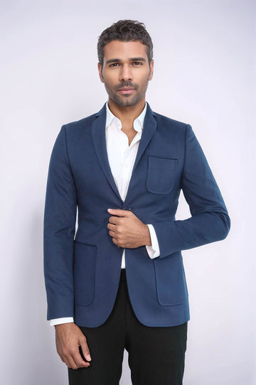 Men’s Navy Blue Plain Slim Fit Notch Lapel Blazer with Patch Pockets