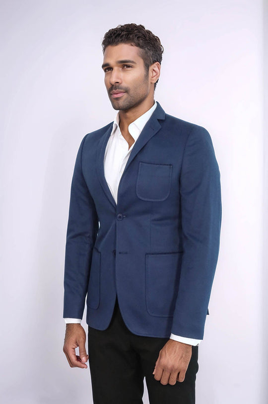 Men’s Navy Blue Plain Slim Fit Notch Lapel Blazer with Patch Pockets