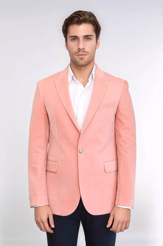 Men’s Pink Velvet Slim Fit Wide Peak Lapel Blazer