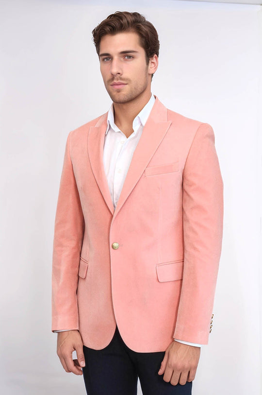 Men’s Pink Velvet Slim Fit Wide Peak Lapel Blazer