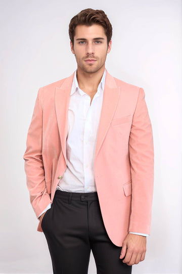Men’s Pink Velvet Slim Fit Wide Peak Lapel Blazer