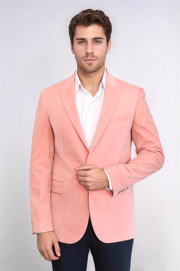 Men’s Pink Velvet Slim Fit Wide Peak Lapel Blazer