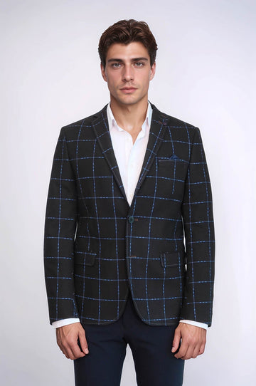 Men’s Brown & Blue Windowpane Check Slim Fit Wool Sport Blazer
