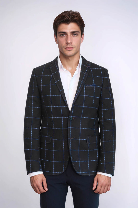 Men’s Brown & Blue Windowpane Check Slim Fit Wool Sport Blazer