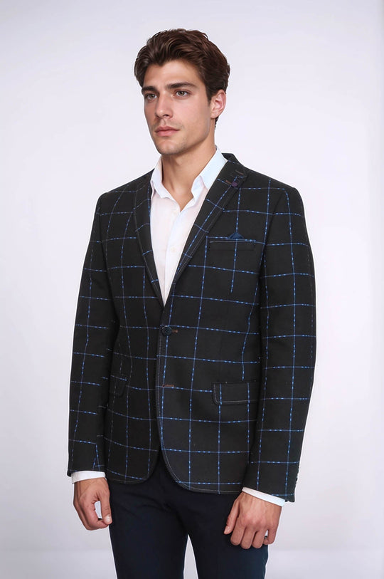 Men’s Brown & Blue Windowpane Check Slim Fit Wool Sport Blazer