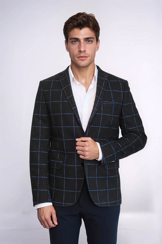 Men’s Brown & Blue Windowpane Check Slim Fit Wool Sport Blazer
