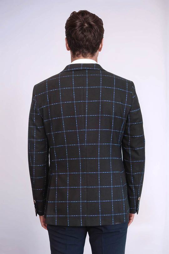 Men’s Brown & Blue Windowpane Check Slim Fit Wool Sport Blazer