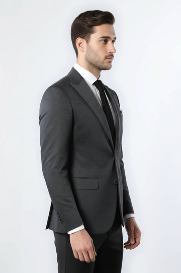 Men’s Navy Blue Micro-Checked Slim Fit Double Vent Peak Lapel Blazer