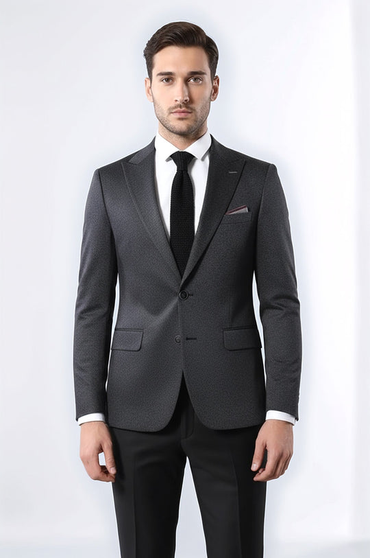 Men’s Navy Blue Micro-Checked Slim Fit Double Vent Peak Lapel Blazer