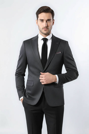 Men’s Navy Blue Micro-Checked Slim Fit Double Vent Peak Lapel Blazer