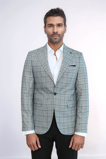 Men’s Black Plaid Slim Fit Peak Lapel Blazer with Contrast Grey Waistcoat