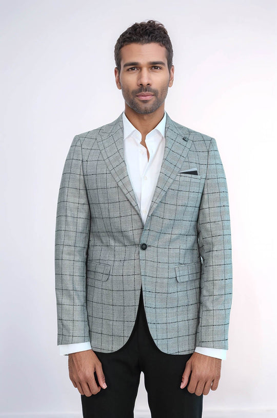 Men’s Black Plaid Slim Fit Peak Lapel Blazer with Contrast Grey Waistcoat