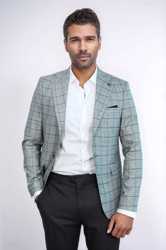 Men’s Black Plaid Slim Fit Peak Lapel Blazer with Contrast Grey Waistcoat