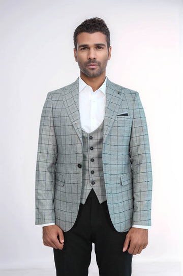 Men’s Black Plaid Slim Fit Peak Lapel Blazer with Contrast Grey Waistcoat