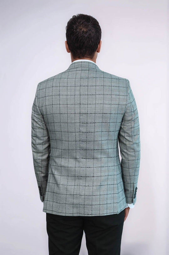 Men’s Black Plaid Slim Fit Peak Lapel Blazer with Contrast Grey Waistcoat