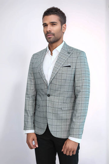 Men’s Black Plaid Slim Fit Peak Lapel Blazer with Contrast Grey Waistcoat