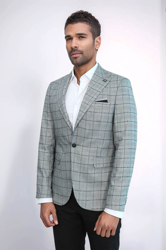 Men’s Black Plaid Slim Fit Peak Lapel Blazer with Contrast Grey Waistcoat