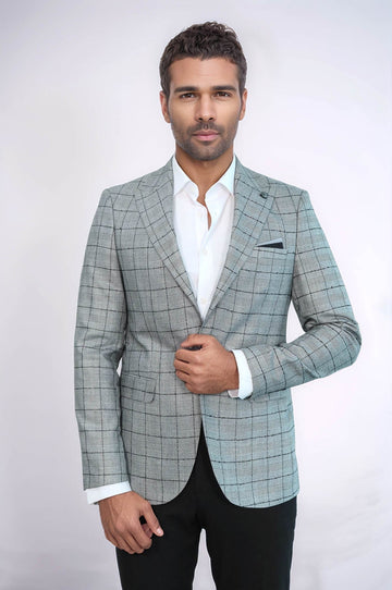 Men’s Black Plaid Slim Fit Peak Lapel Blazer with Contrast Grey Waistcoat