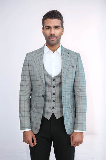 Men’s Light Grey Glen Plaid & Windowpane Slim Fit Blazer & Waistcoat Set