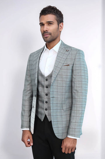 Men’s Light Grey Glen Plaid & Windowpane Slim Fit Blazer & Waistcoat Set