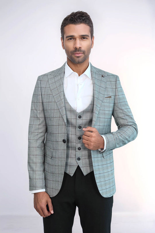 Men’s Light Grey Glen Plaid & Windowpane Slim Fit Blazer & Waistcoat Set