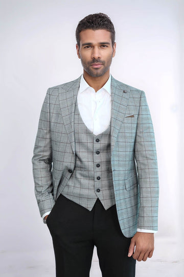 Men’s Light Grey Glen Plaid & Windowpane Slim Fit Blazer & Waistcoat Set