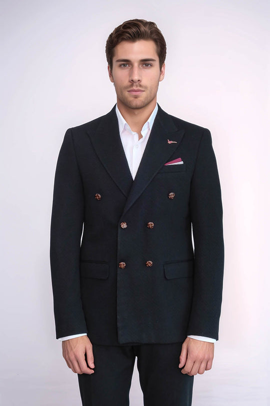 Men’s Midnight Black Solid Slim Fit Double-Breasted Peak Lapel Blazer