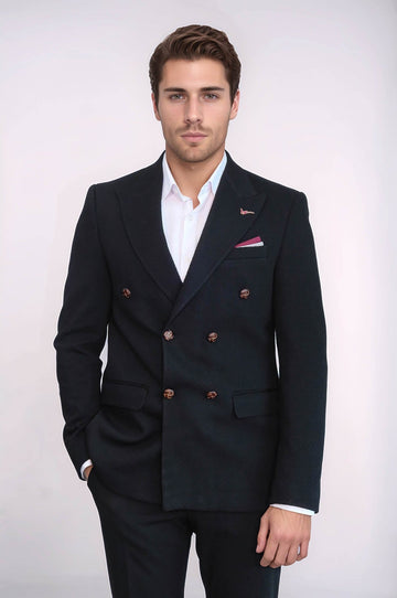 Men’s Midnight Black Solid Slim Fit Double-Breasted Peak Lapel Blazer
