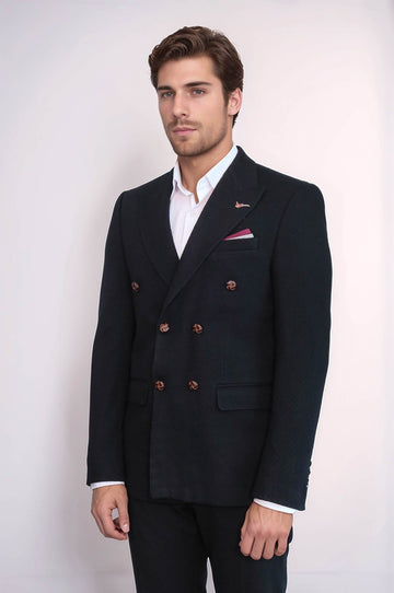 Men’s Midnight Black Solid Slim Fit Double-Breasted Peak Lapel Blazer