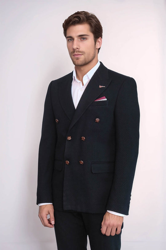 Men’s Midnight Black Solid Slim Fit Double-Breasted Peak Lapel Blazer