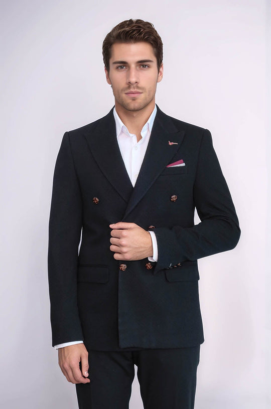Men’s Midnight Black Solid Slim Fit Double-Breasted Peak Lapel Blazer