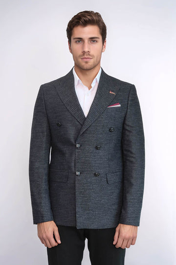 Men’s Charcoal Smoked Textured Slim Fit Double-Breasted Peak Lapel Blazer