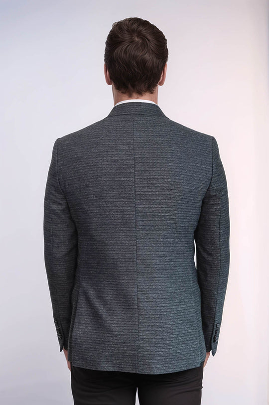 Men’s Charcoal Smoked Textured Slim Fit Double-Breasted Peak Lapel Blazer