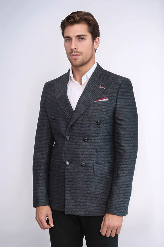 Men’s Charcoal Smoked Textured Slim Fit Double-Breasted Peak Lapel Blazer