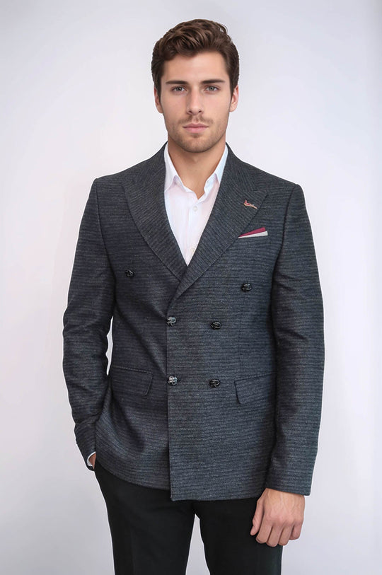 Men’s Charcoal Smoked Textured Slim Fit Double-Breasted Peak Lapel Blazer