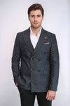Men’s Charcoal Smoked Textured Slim Fit Double-Breasted Peak Lapel Blazer