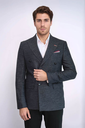 Men’s Charcoal Smoked Textured Slim Fit Double-Breasted Peak Lapel Blazer