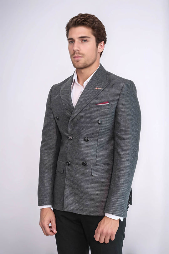 Men’s Charcoal Grey Micro-Patterned Slim Fit Double-Breasted Peak Lapel Blazer