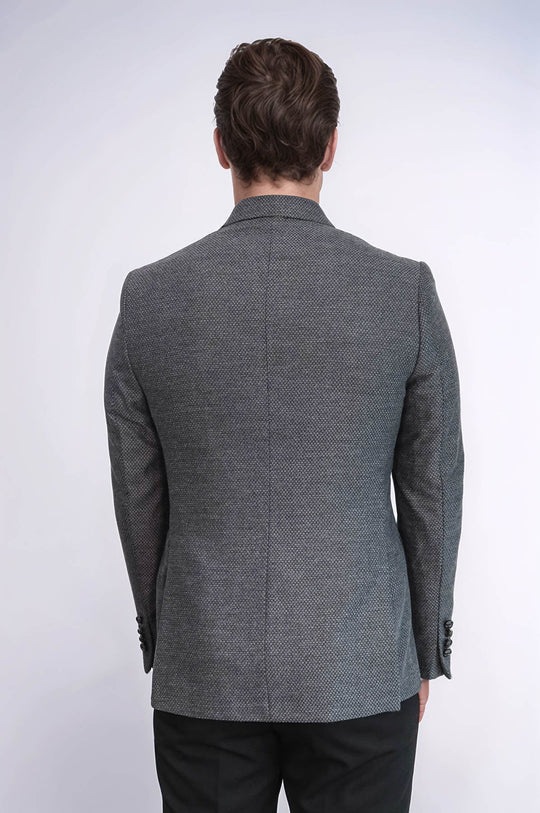Men’s Charcoal Grey Micro-Patterned Slim Fit Double-Breasted Peak Lapel Blazer