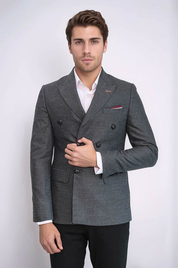Men’s Charcoal Grey Micro-Patterned Slim Fit Double-Breasted Peak Lapel Blazer