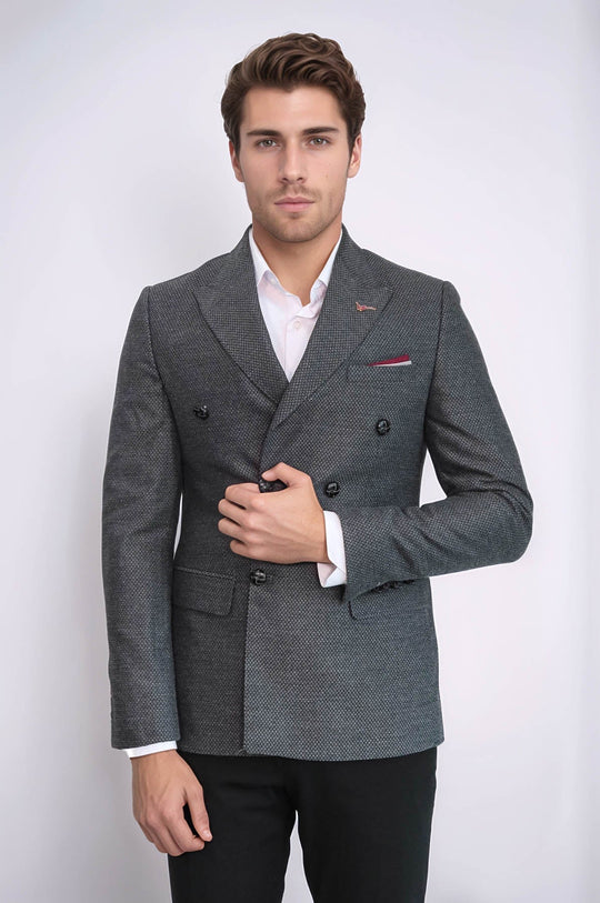Men’s Charcoal Grey Micro-Patterned Slim Fit Double-Breasted Peak Lapel Blazer