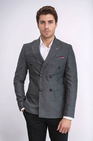 Men’s Charcoal Grey Micro-Patterned Slim Fit Double-Breasted Peak Lapel Blazer
