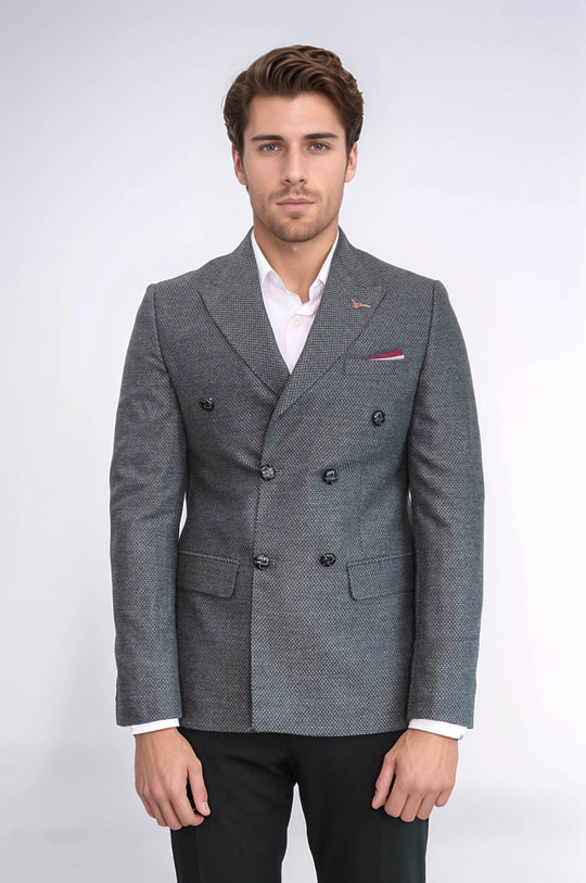 Men’s Charcoal Grey Micro-Patterned Slim Fit Double-Breasted Peak Lapel Blazer