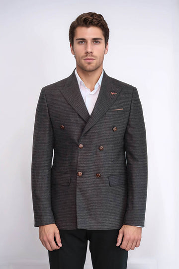 Men’s Dark Brown Textured Slim Fit Double-Breasted Peak Lapel Blazer