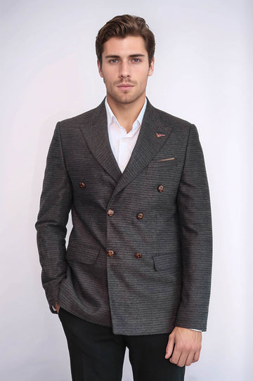 Men’s Dark Brown Textured Slim Fit Double-Breasted Peak Lapel Blazer