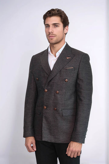 Men’s Dark Brown Textured Slim Fit Double-Breasted Peak Lapel Blazer