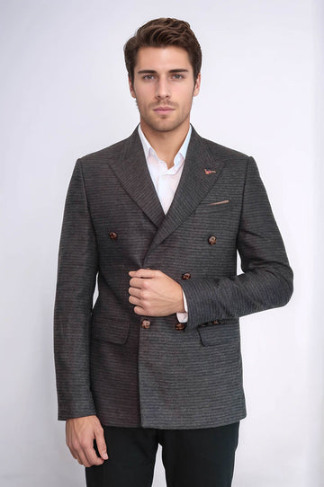 Men’s Dark Brown Textured Slim Fit Double-Breasted Peak Lapel Blazer