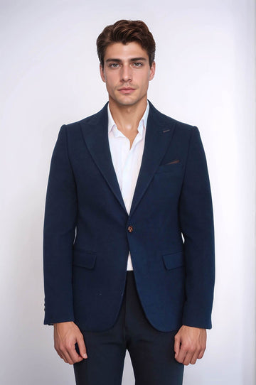 Men’s Navy Blue Textured Slim Fit Peak Lapel Blazer